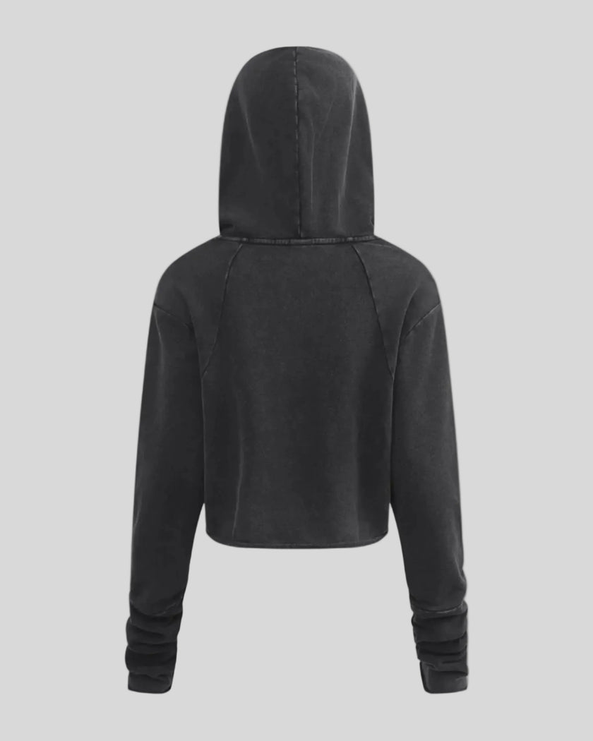 Heritage Washed Hoodie in Washed Black back view showcasing the relaxed silhouette and hood