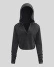 Heritage Washed Hoodie in Washed Black front view featuring a relaxed hood, V-neckline, and raw edge hem