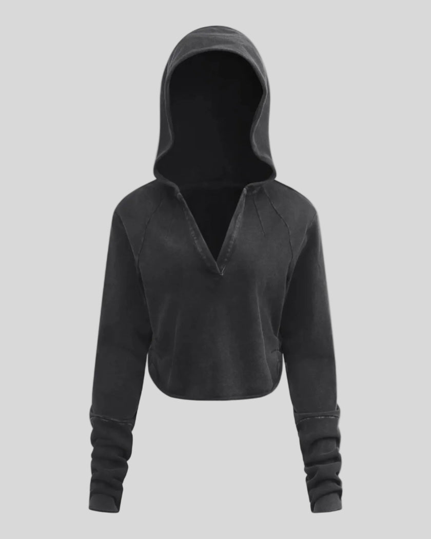Heritage Washed Hoodie in Washed Black front view featuring a relaxed hood, V-neckline, and raw edge hem