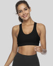 Scoop-neck sports bra with clean front design shown in black