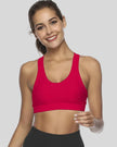 Scoop-neck sports bra with clean front design shown in deep red