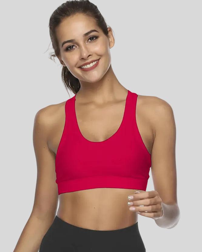 Scoop-neck sports bra with clean front design shown in deep red