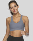 Scoop-neck sports bra with clean front design shown in gray