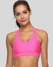 Scoop-neck sports bra with clean front design shown in pink