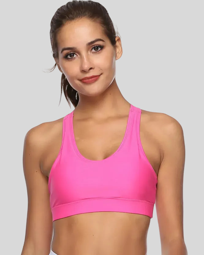 Scoop-neck sports bra with clean front design shown in pink