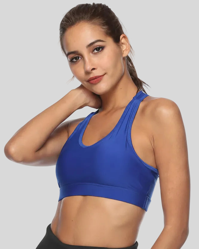 Scoop-neck sports bra with clean front design shown in royal blue