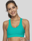 Scoop-neck sports bra with clean front design shown in teal