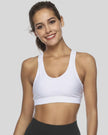 Scoop-neck sports bra with clean front design shown in white