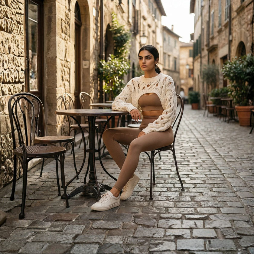 Woman in neutral athleisure outfit sitting at a café in a European-style street, reflecting a calm and modern active lifestyle
