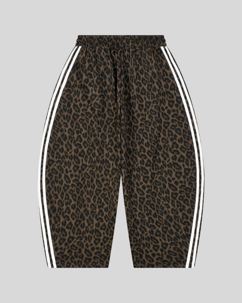 Leopard Accent Barrel Pants in Leopard Brown with contrast white side stripes back view