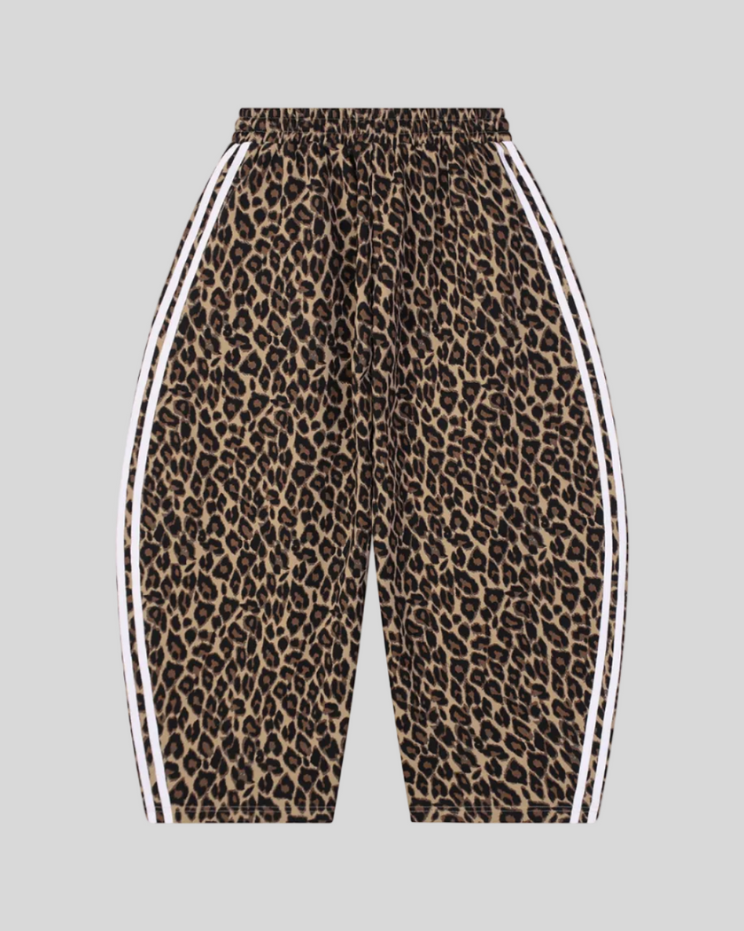 Leopard Accent Barrel Pants in Leopard Coffee with contrast white side stripes back view