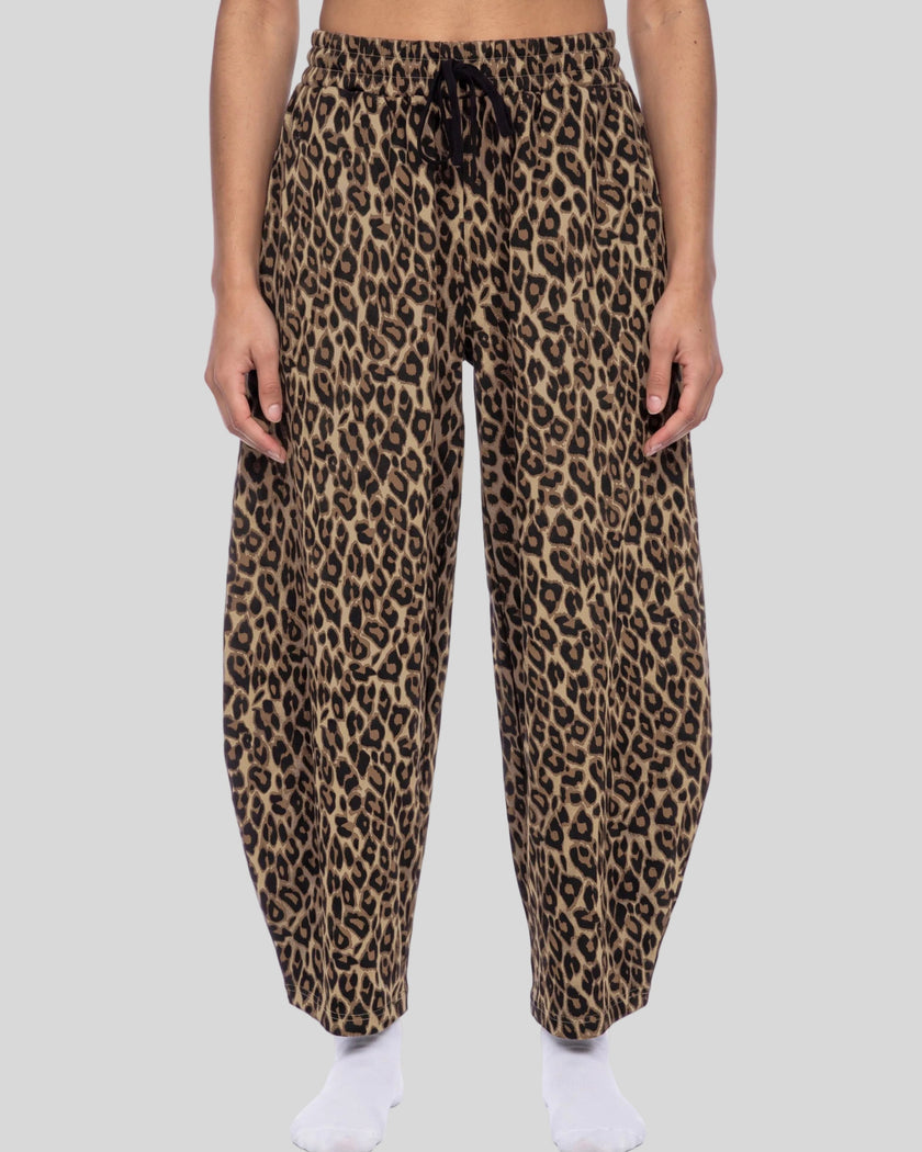 Lower body front view of woman wearing Leopard Accent Barrel Pants in Leopard Coffee