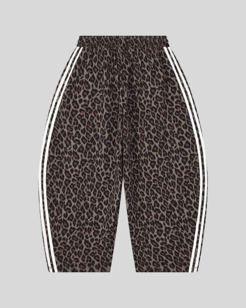 Leopard Accent Barrel Pants in Leopard Light Taupe with contrast white side stripes back view
