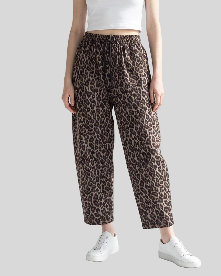 Lower body front view of woman wearing Leopard Accent Barrel Pants in Leopard Light Taupe