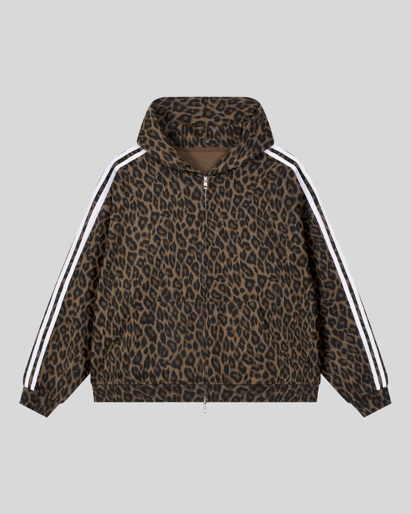 Leopard Accent Hoodie in Leopard Brown with contrast white sleeve stripes front view