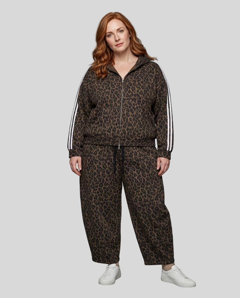 Full body front view of woman styled in Leopard Accent Hoodie and matching Leopard Accent Pants in Leopard Brown