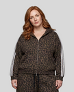 Upper body front view of woman wearing Leopard Accent Hoodie zipped closed in Leopard Brown