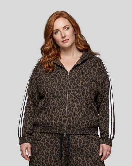 Upper body front view of woman wearing Leopard Accent Hoodie zipped closed in Leopard Brown