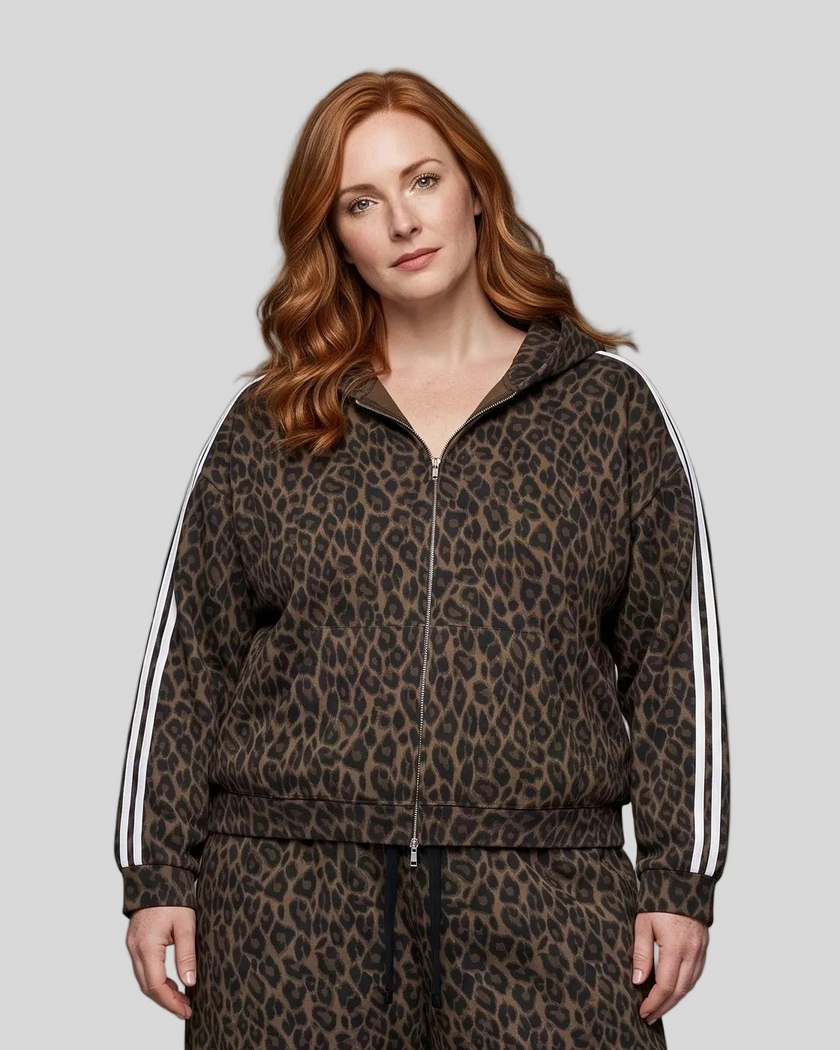 Upper body front view of woman wearing Leopard Accent Hoodie zipped closed in Leopard Brown