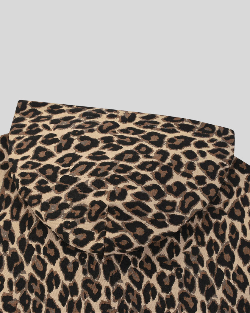 Closeup of oversized back hood on Leopard Accent Hoodie in Leopard Coffee