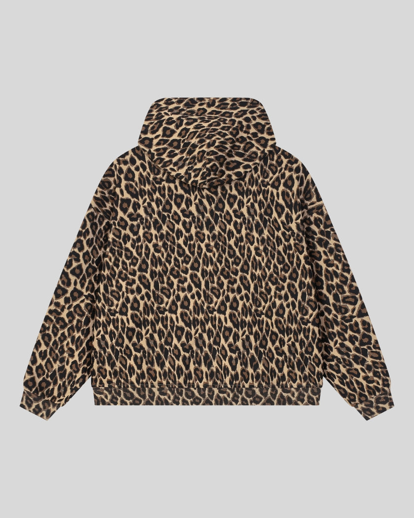 Leopard Accent Hoodie in Leopard Coffee with oversized hood back view