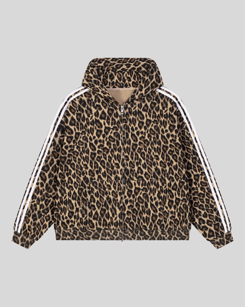 Leopard Accent Hoodie in Leopard Coffee with contrast white sleeve stripes front view