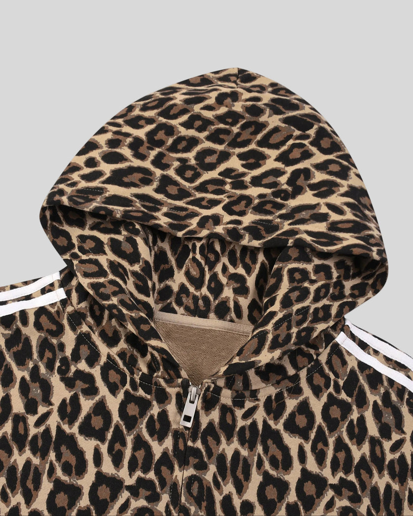 Closeup of hood, full-zip front and leopard print on Leopard Accent Hoodie