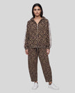Full body front view of woman styled in Leopard Accent Hoodie and matching Leopard Accent Pants in Leopard Coffee