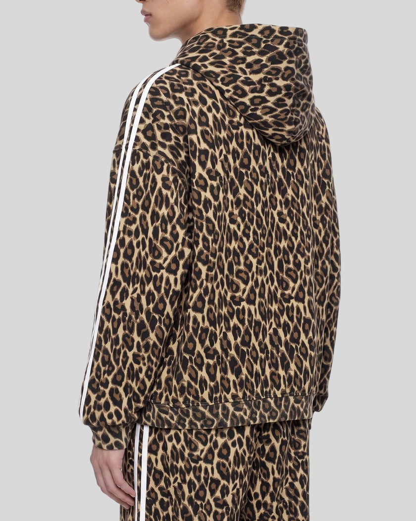 Mid body back angle view of woman wearing Leopard Accent Hoodie in Leopard Coffee