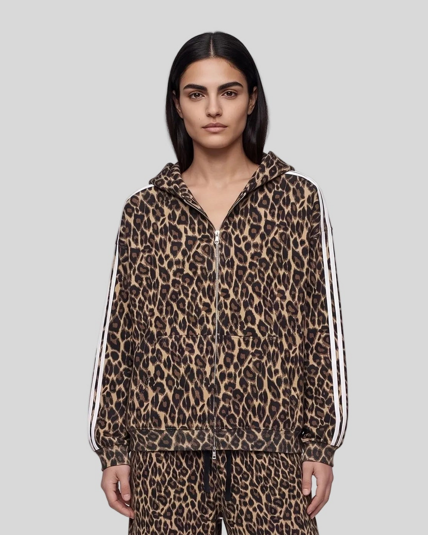 Upper body front view of woman wearing Leopard Accent Hoodie zipped closed in Leopard Coffee