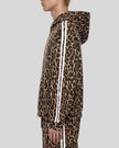 Upper body side view of woman wearing Leopard Accent Hoodie in Leopard Coffee