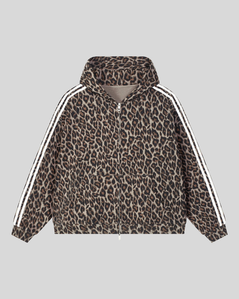 Leopard Accent Hoodie in Leopard Light Taupe with contrast white sleeve stripes front view
