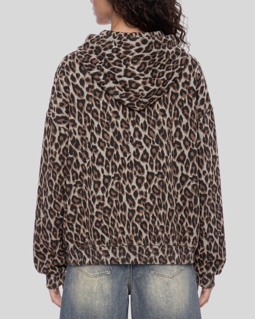 Upper body back view of woman wearing Leopard Accent Hoodie with oversized hood in Leopard Light Taupe