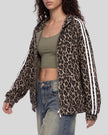 Upper body front angle view of woman wearing Leopard Accent Hoodie open in Leopard Light Taupe