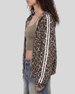Upper body side view of woman wearing Leopard Accent Hoodie in Leopard Light Taupe