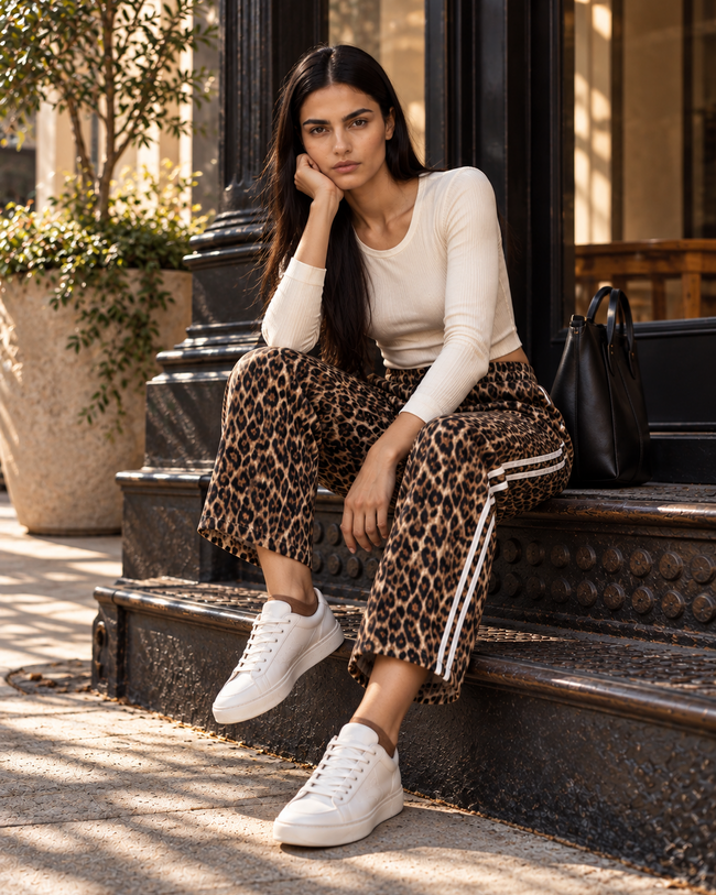 A woman sits on outdoor stone steps wearing Athlesi Leopard Accent Pants (leopard brown print barrel pants with white side stripes), a cream long-sleeve top, and white sneakers. A black handbag rests beside her.