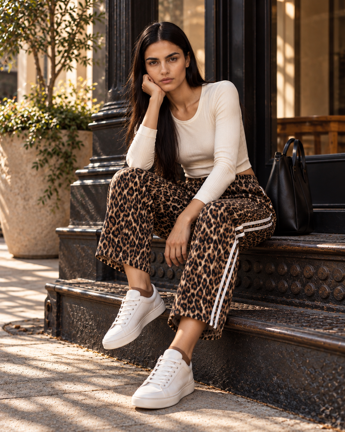 A woman sits on outdoor stone steps wearing Athlesi Leopard Accent Pants (leopard brown print barrel pants with white side stripes), a cream long-sleeve top, and white sneakers. A black handbag rests beside her.