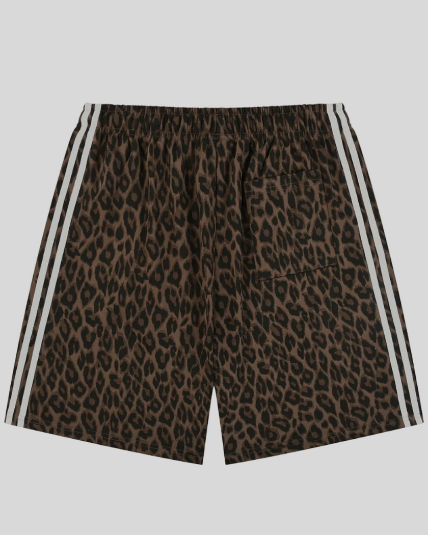 Leopard Accent Shorts in Leopard Brown with contrast white side stripes back view