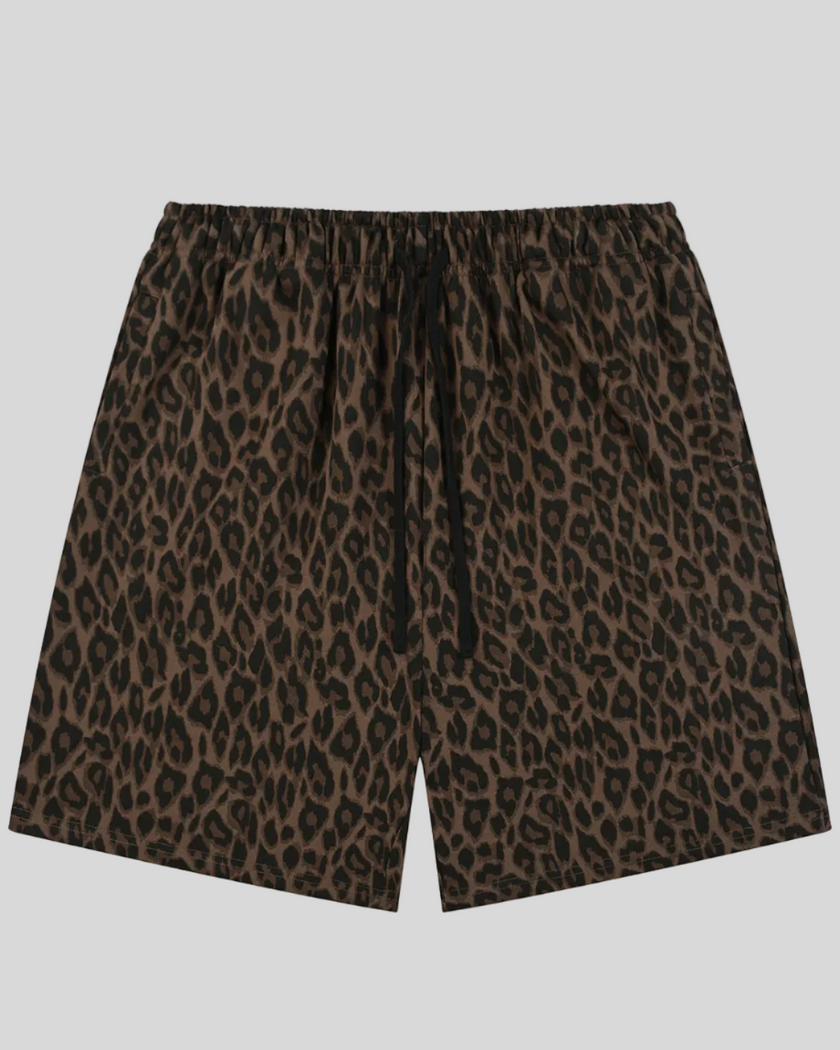 Leopard Accent Shorts in Leopard Brown with relaxed straight-leg silhouette front view