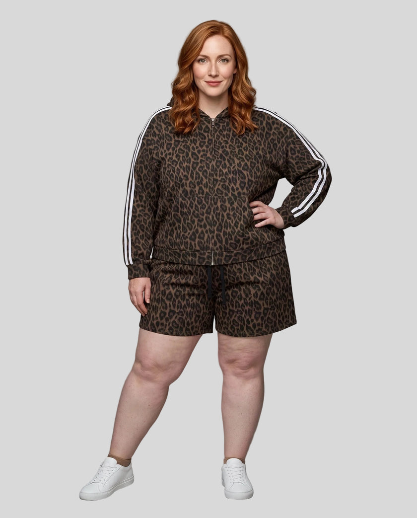 Full body front view of woman styled in Leopard Accent Shorts in Leopard Brown