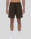 Lower body front view of woman wearing Leopard Accent Shorts in Leopard Brown