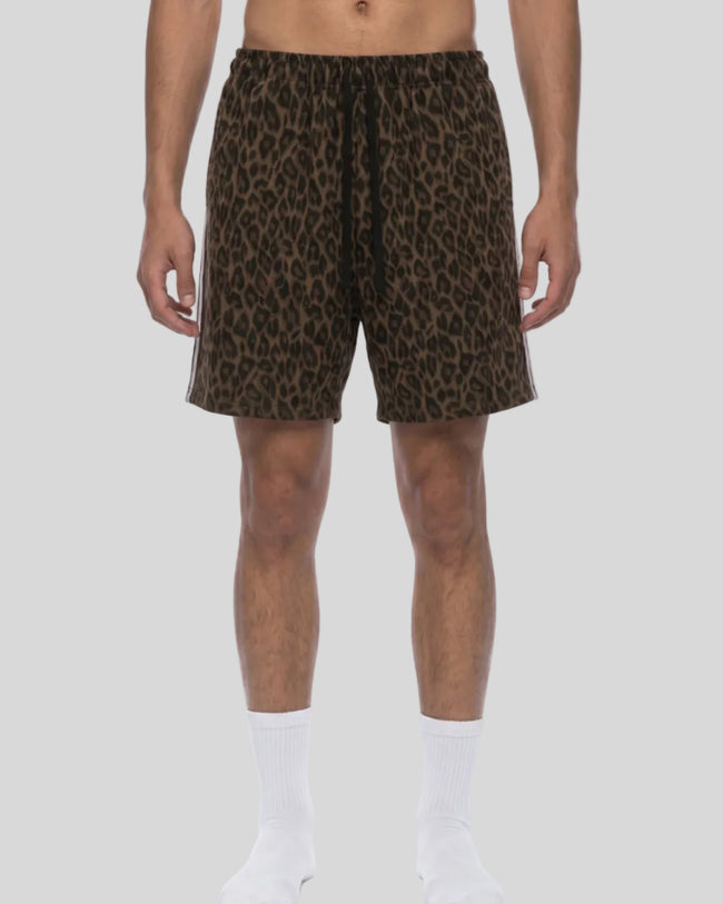 Lower body front view of woman wearing Leopard Accent Shorts in Leopard Brown