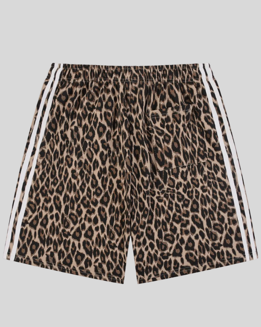 Leopard Accent Shorts in Leopard Coffee with contrast white side stripes back view