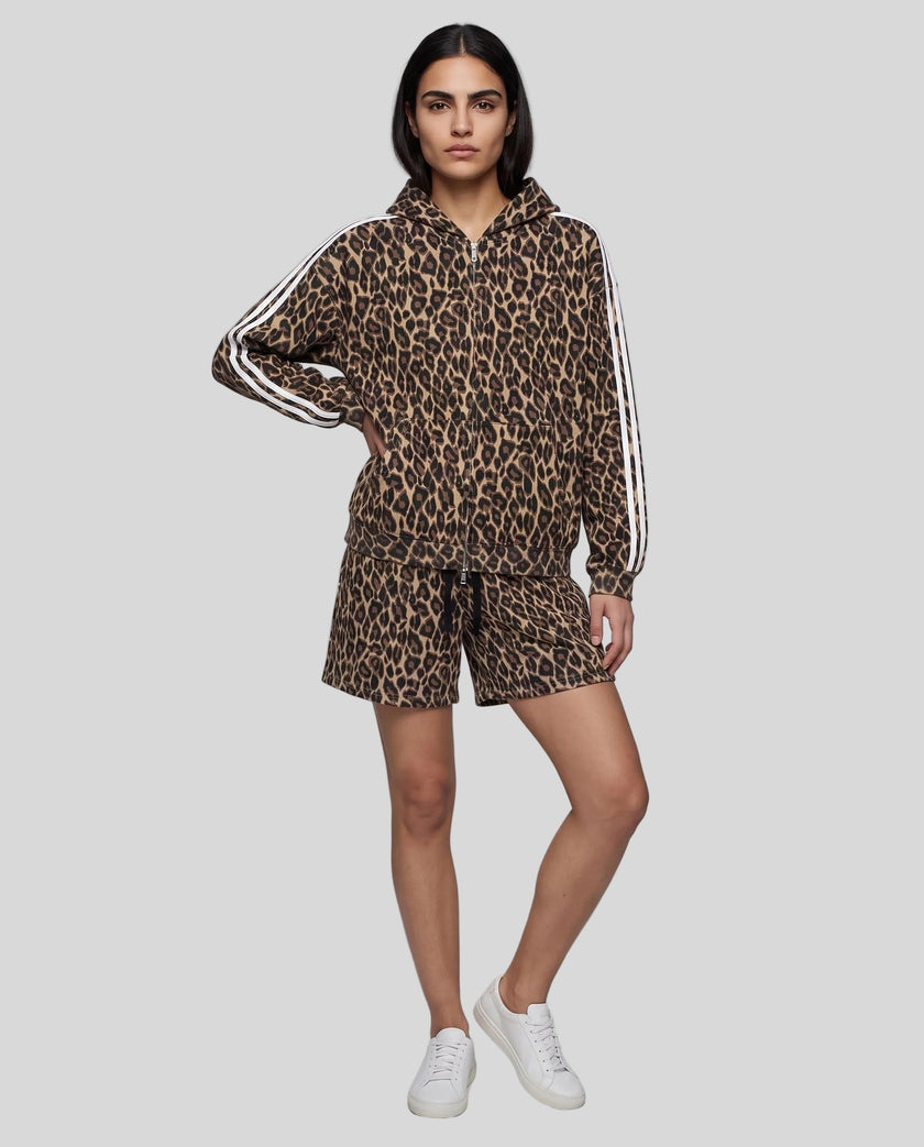 Full body front view of woman styled in Leopard Accent Shorts in Leopard Coffee
