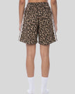 Lower body back angle view of woman wearing Leopard Accent Shorts in Leopard Coffee