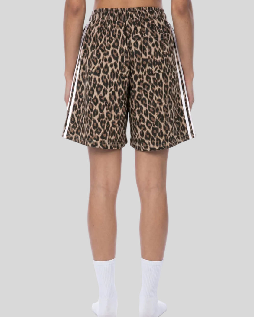 Lower body back angle view of woman wearing Leopard Accent Shorts in Leopard Coffee