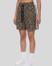 Lower body front angle view of woman wearing Leopard Accent Shorts in Leopard Coffee