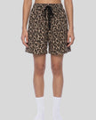 Lower body front view of woman wearing Leopard Accent Shorts in Leopard Coffee