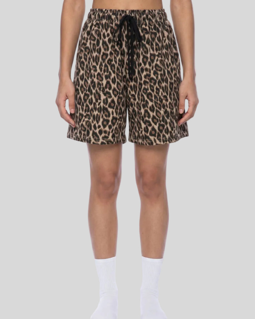 Lower body front view of woman wearing Leopard Accent Shorts in Leopard Coffee