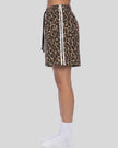 Lower body side view of woman wearing Leopard Accent Shorts in Leopard Coffee